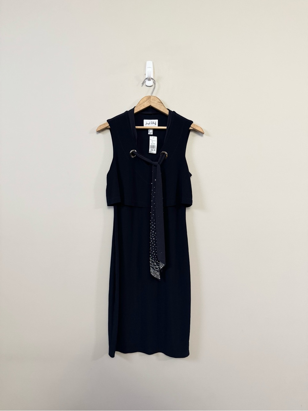Joseph Ribkoff (NWT) Midnight blue Capelet Sheath rhinestone tie dress